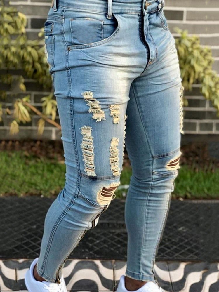 Hål Pencil Byxor Vanliga Mid Waist Zipper Jeans