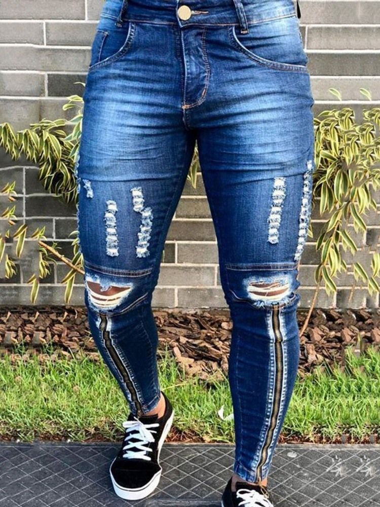 Hål Pencil Byxor Vanliga Mid Waist Zipper Jeans