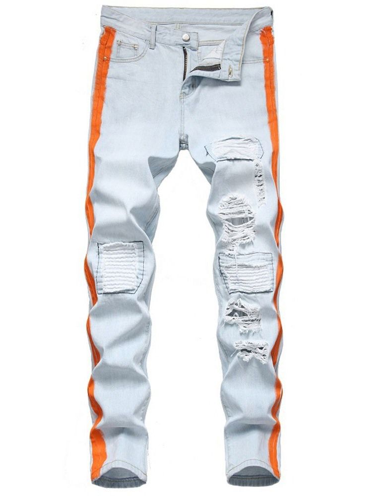 Hål Rak Color Block Zipper Mid Waist Jeans