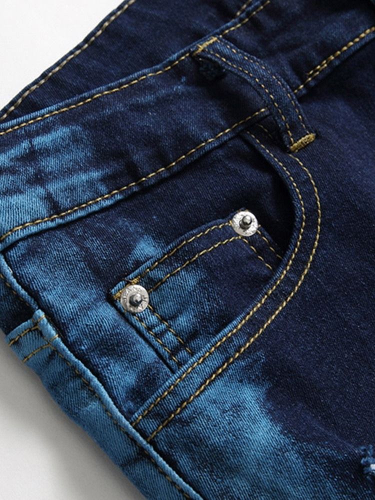 Hål Rak Dragkedja Mid Midja Slim Jeans För Män