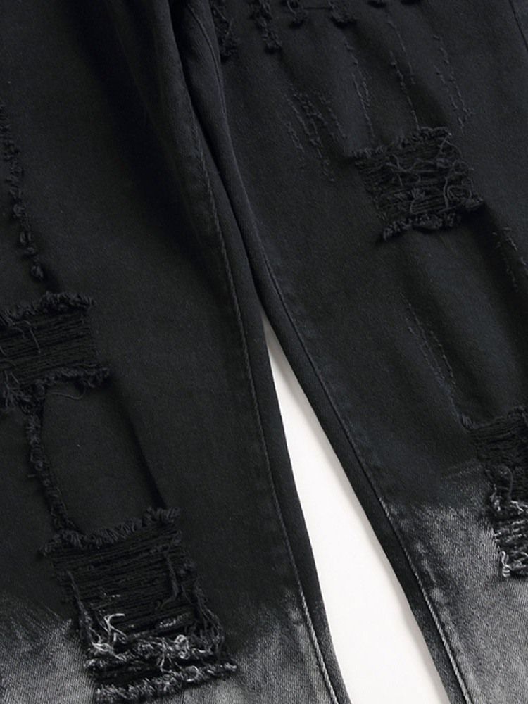 Hål Rak Gradient Zipper Mid Waist Jeans