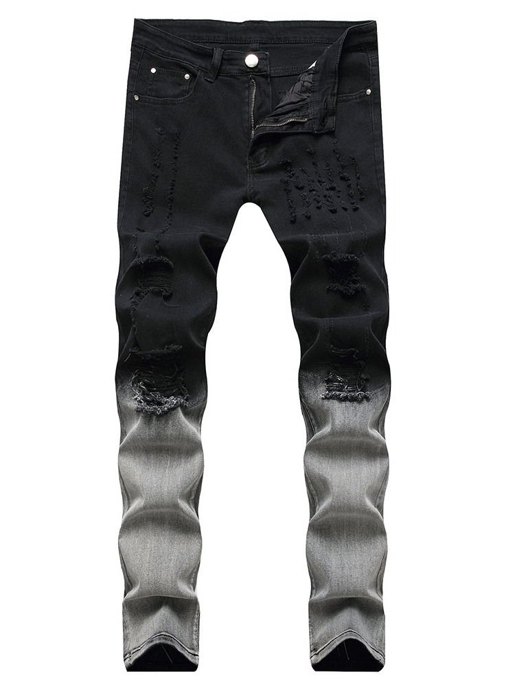 Hål Rak Gradient Zipper Mid Waist Jeans
