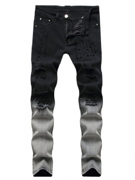 Hål Rak Gradient Zipper Mid Waist Jeans