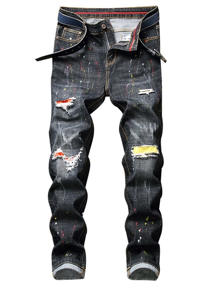 Hål Rak Mid Waist Casual Jeans