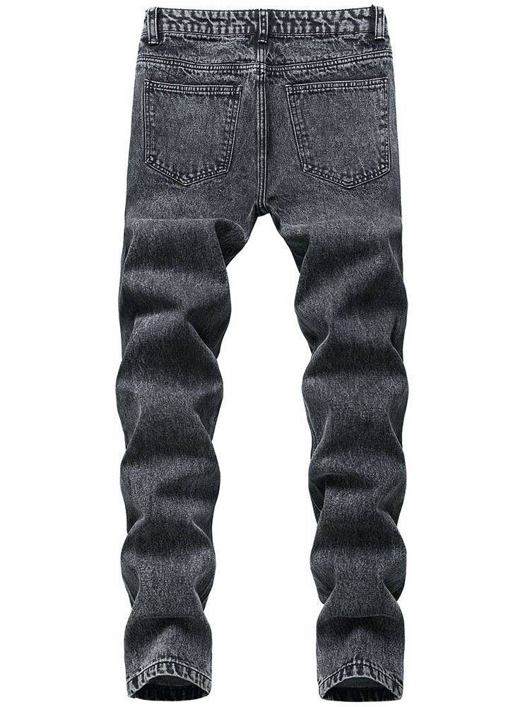 Hål Rak Vanlig Dragkedja Mid Waist Jeans För Män