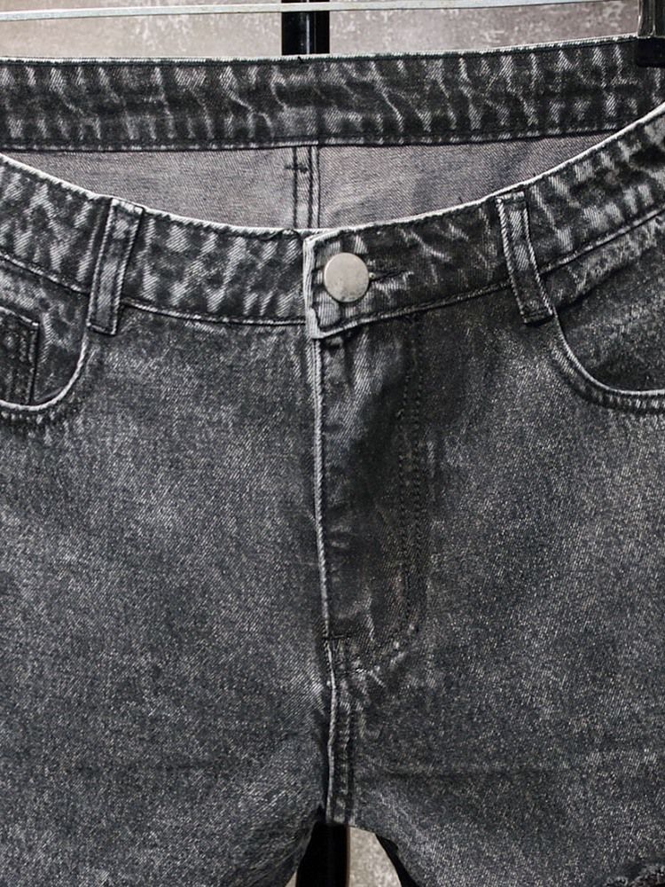 Hål Rak Vanlig Dragkedja Mid Waist Jeans För Män