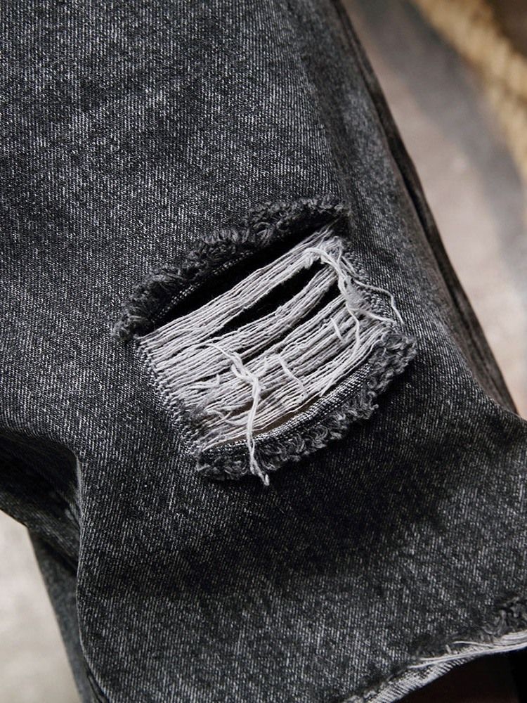 Hål Rak Vanlig Dragkedja Mid Waist Jeans För Män