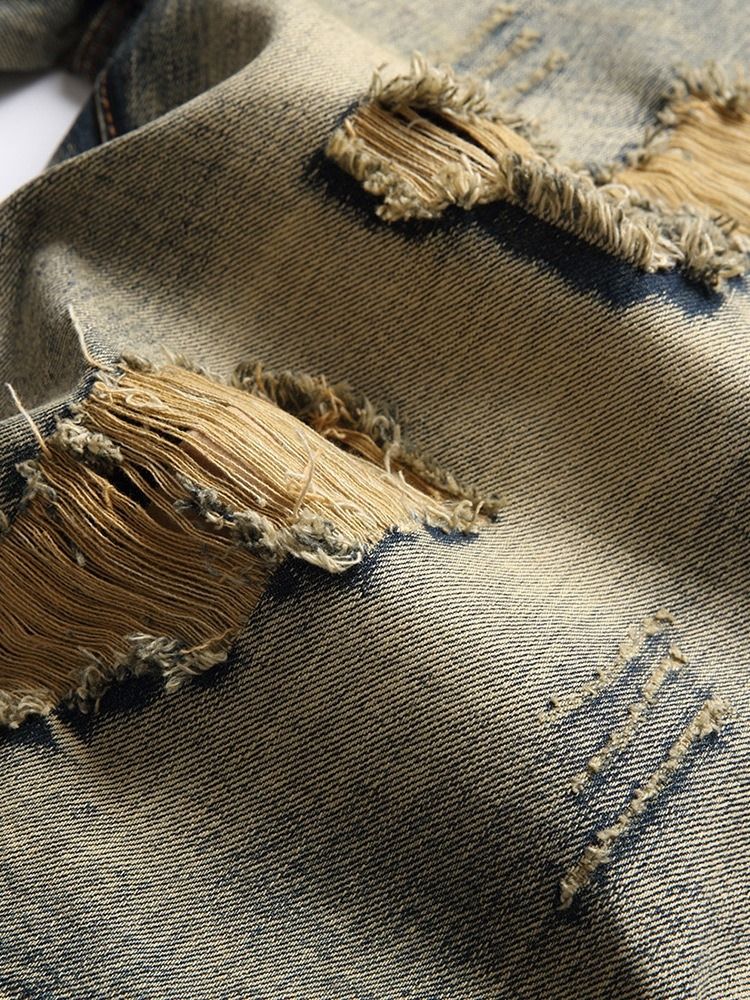 Hål Tunn Blixtlås Jeans Med Mitten Av Midjan