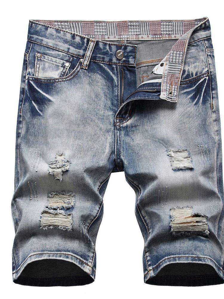 Hål Tunn Blixtlås Jeans Med Mitten Av Midjan