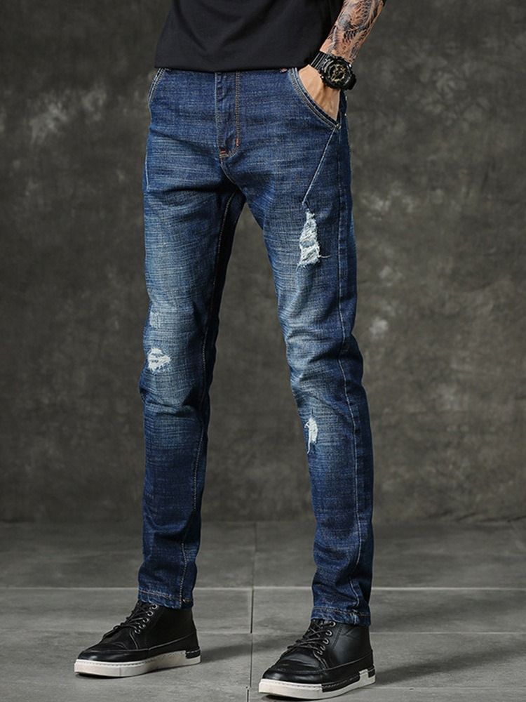 Hål Vanlig Dragkedja Mid Waist Casual Jeans