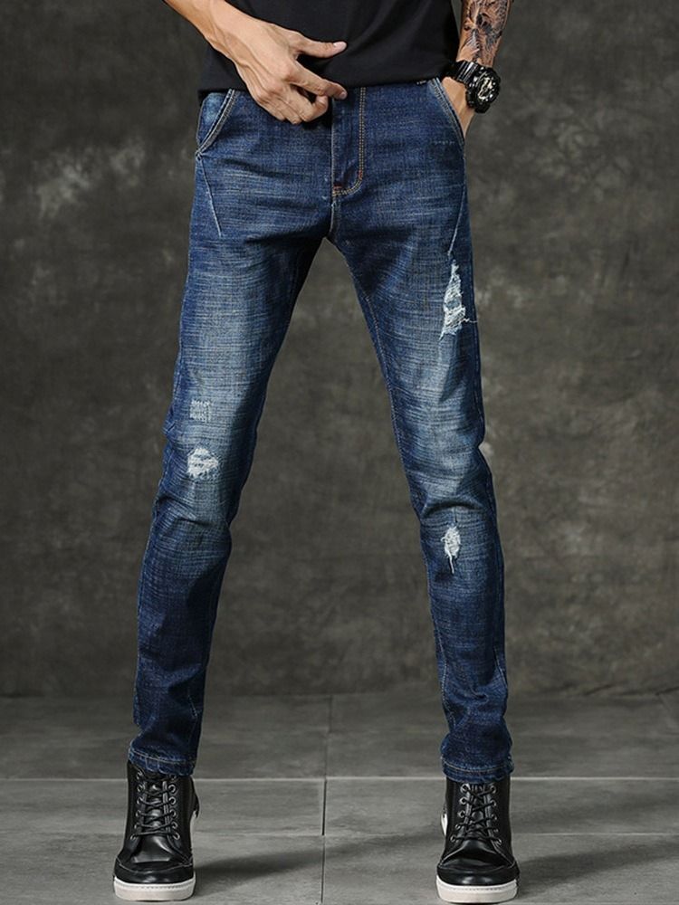 Hål Vanlig Dragkedja Mid Waist Casual Jeans