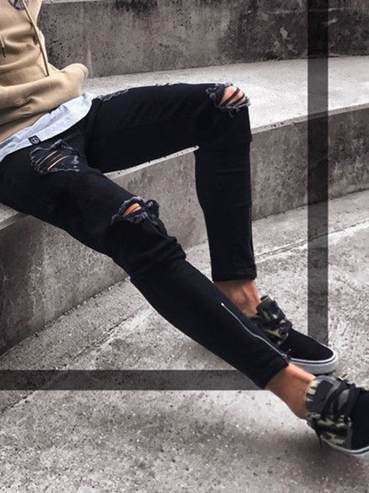 Hål Vanlig Penna Blixtlås Europeiska Jeans