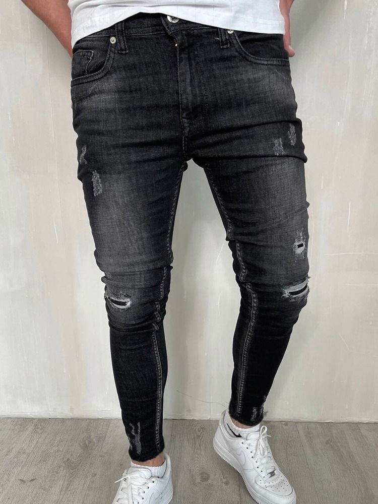 Hål Vanliga Pencil Byxor Dragkedja Mode Casual Jeans