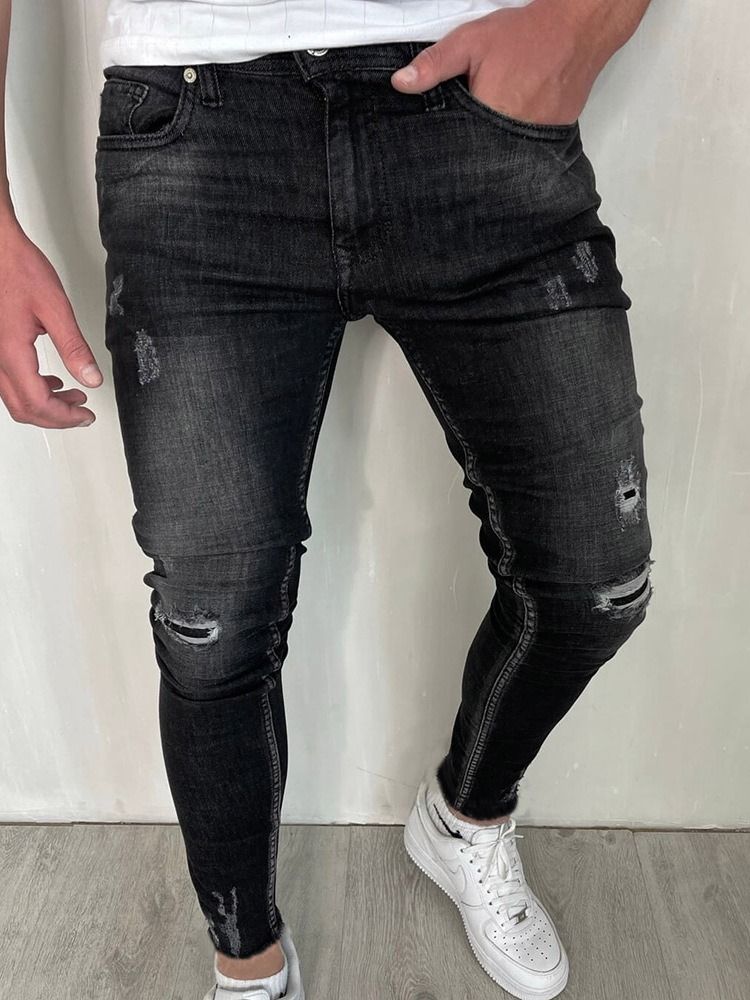 Hål Vanliga Pencil Byxor Dragkedja Mode Casual Jeans