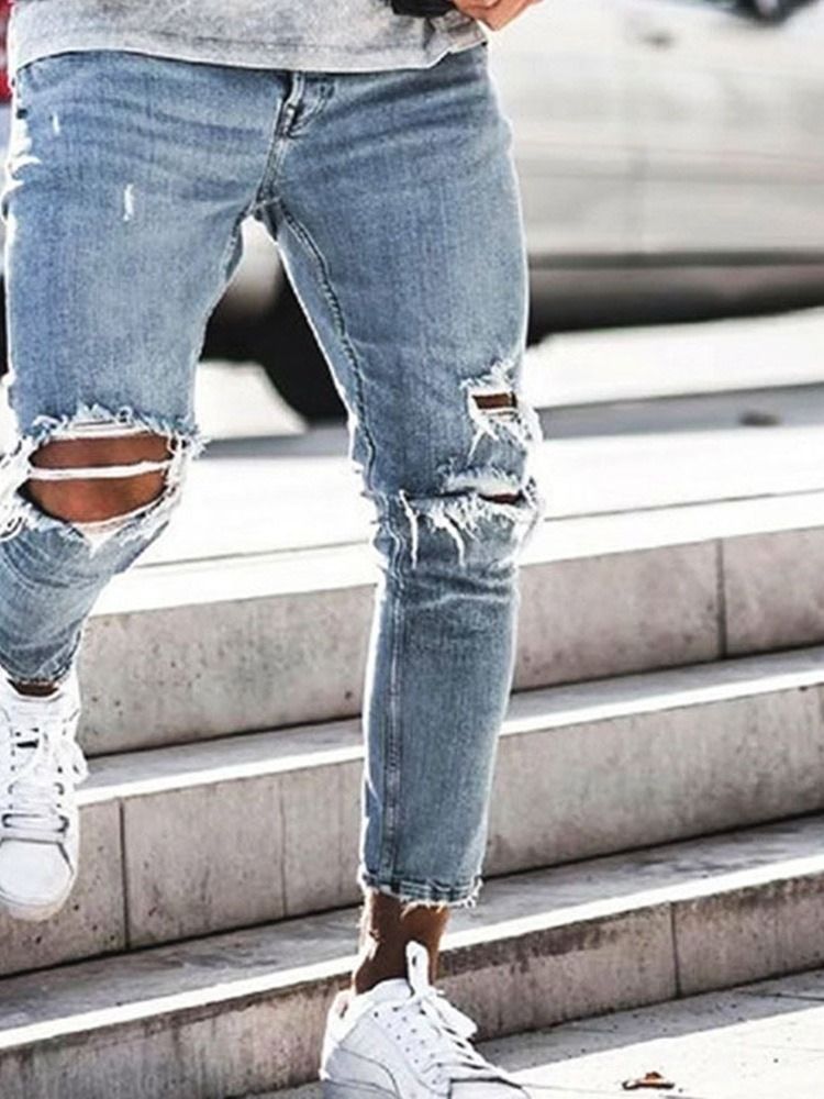 Hål Vanliga Pencil Byxor Mid Waist Män Casual Jeans