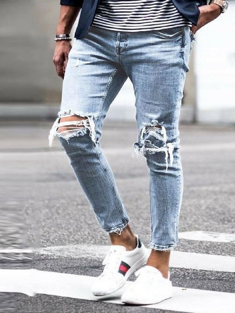 Hål Vanliga Pencil Byxor Mid Waist Män Casual Jeans
