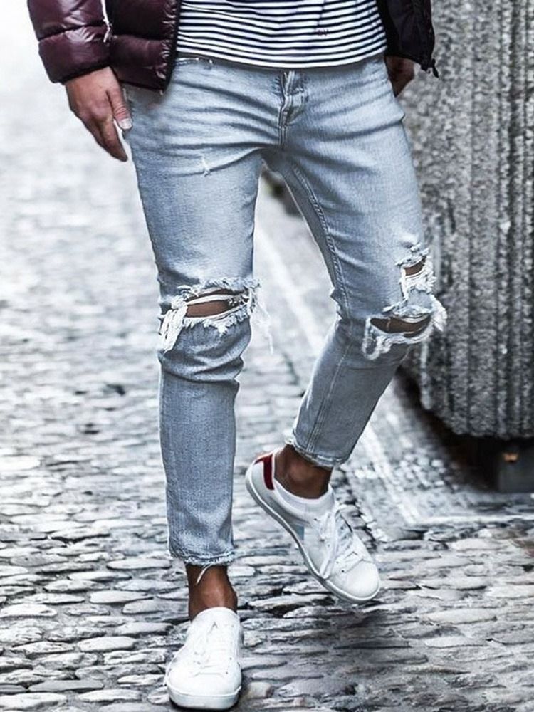 Hål Vanliga Pencil Byxor Mid Waist Män Casual Jeans