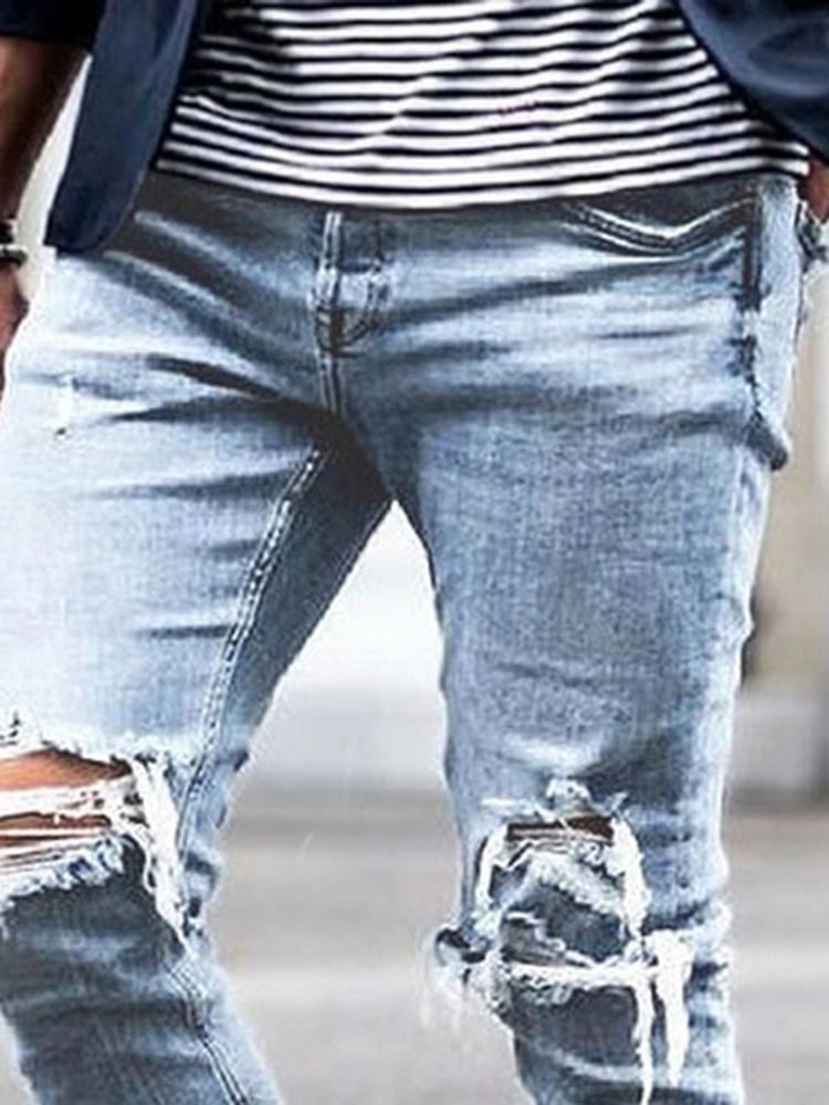 Hål Vanliga Pencil Byxor Mid Waist Män Casual Jeans