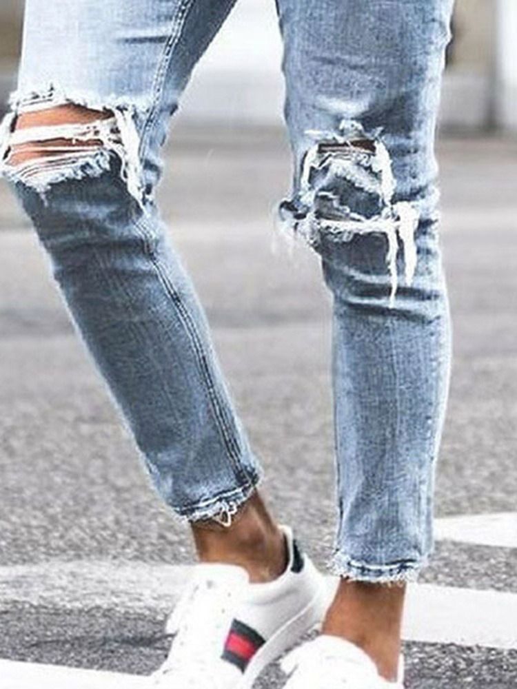 Hål Vanliga Pencil Byxor Mid Waist Män Casual Jeans