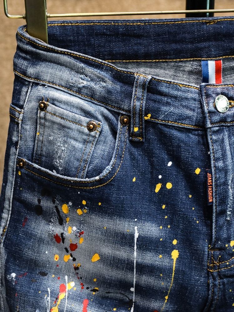 Paint Splatters Pencil Byxor Dragkedja Mid Waist Jeans