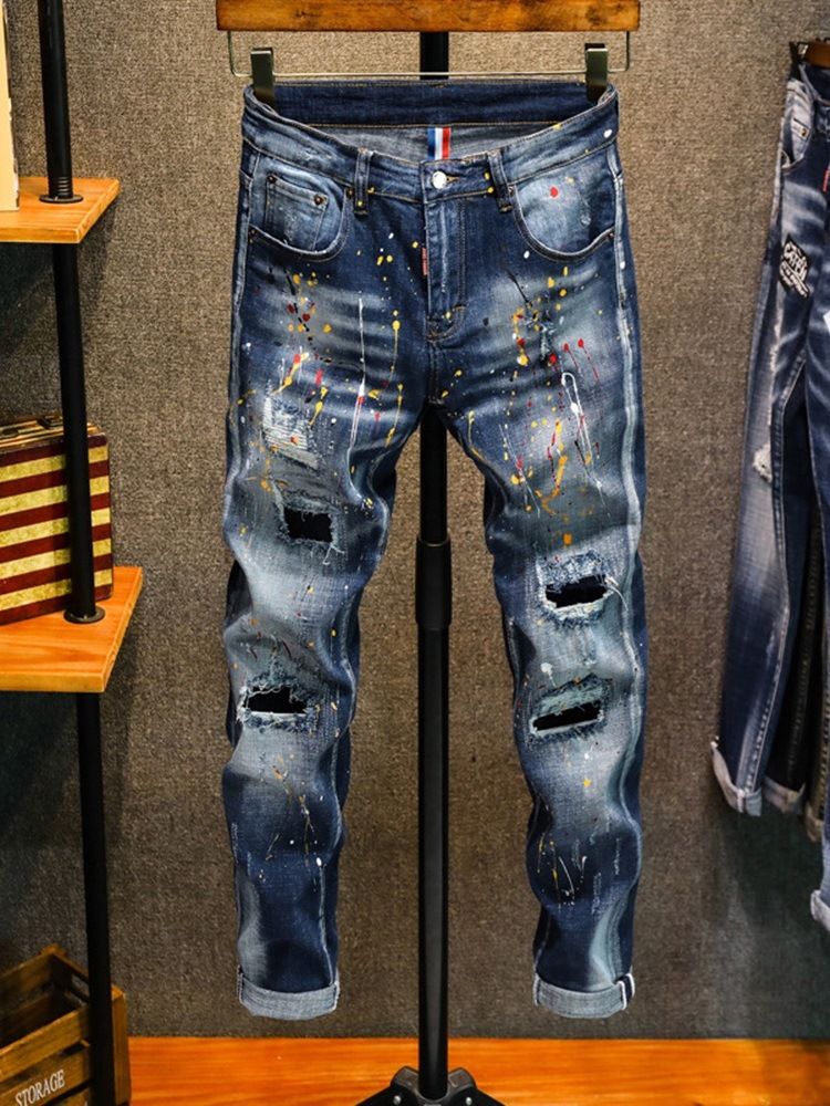 Paint Splatters Pencil Byxor Dragkedja Mid Waist Jeans