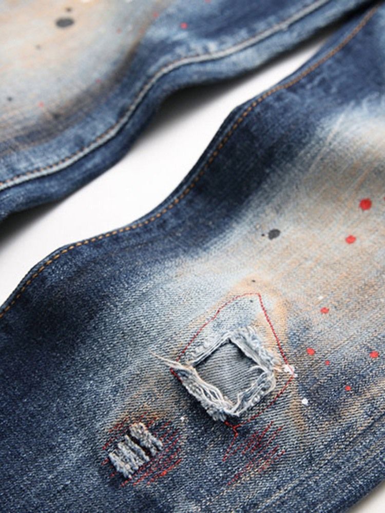 Paint Splatters Straight Mid Midja Knapp Jeans