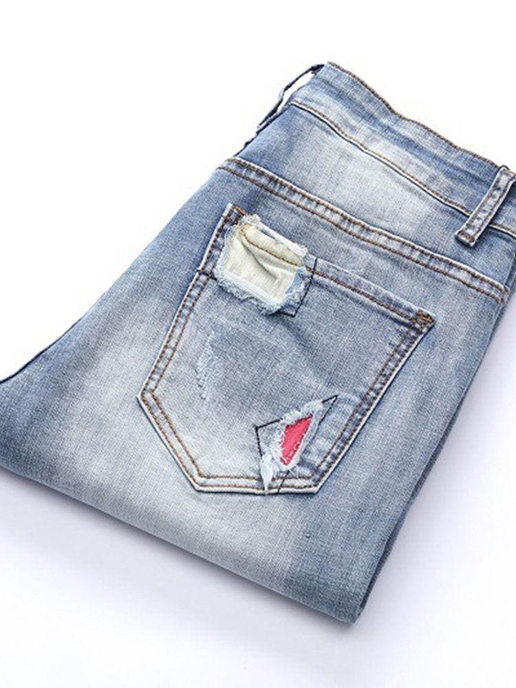 Patchwork Ljusblå Plisserade Herr Casual Jeans