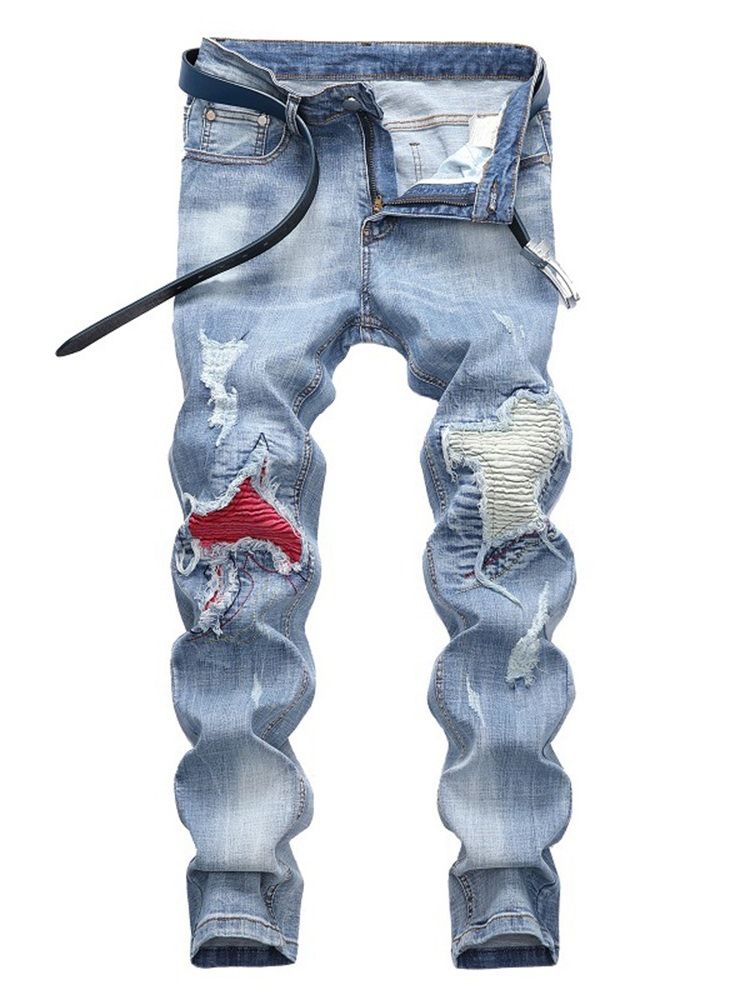 Patchwork Ljusblå Plisserade Herr Casual Jeans