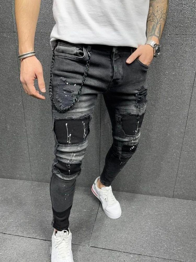 Patchwork Pencil Pants European Mid Waist Jeans