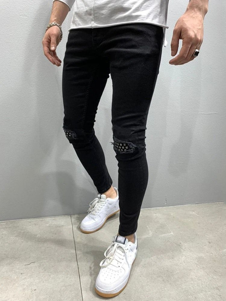 Patchwork Pencil Pants Mid Waist Zipper Jeans