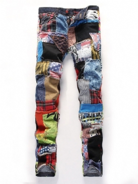 Patchwork Rak Color Block Zipper Mid Waist Jeans
