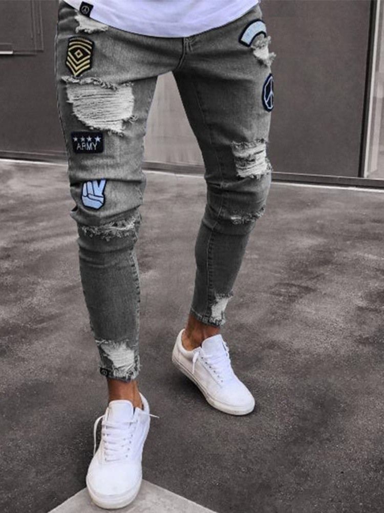 Pencil Byxor Applikationer Mid Waist Män Casual Jeans