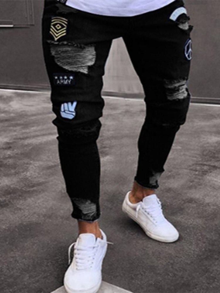 Pencil Byxor Applikationer Mid Waist Män Casual Jeans