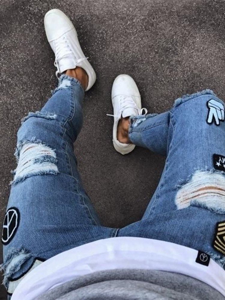 Pencil Byxor Applikationer Mid Waist Män Casual Jeans