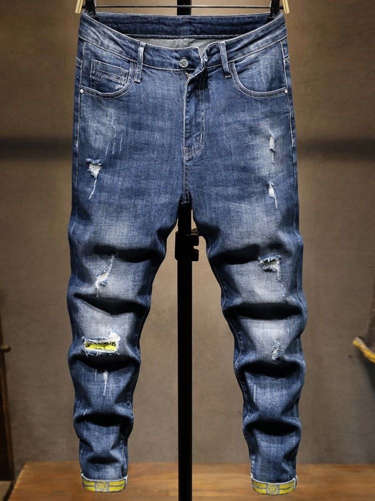 Pencil Byxor Färgblock Sliten Mid Waist Mode Jeans För Män