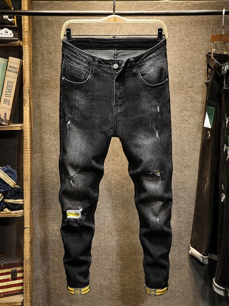 Pencil Byxor Färgblock Sliten Mid Waist Mode Jeans För Män