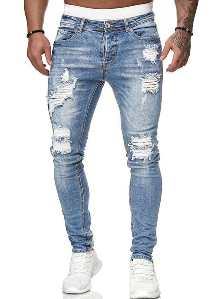 Pencil Byxor Hål Mid Waist Dragkedja Herr Jeans
