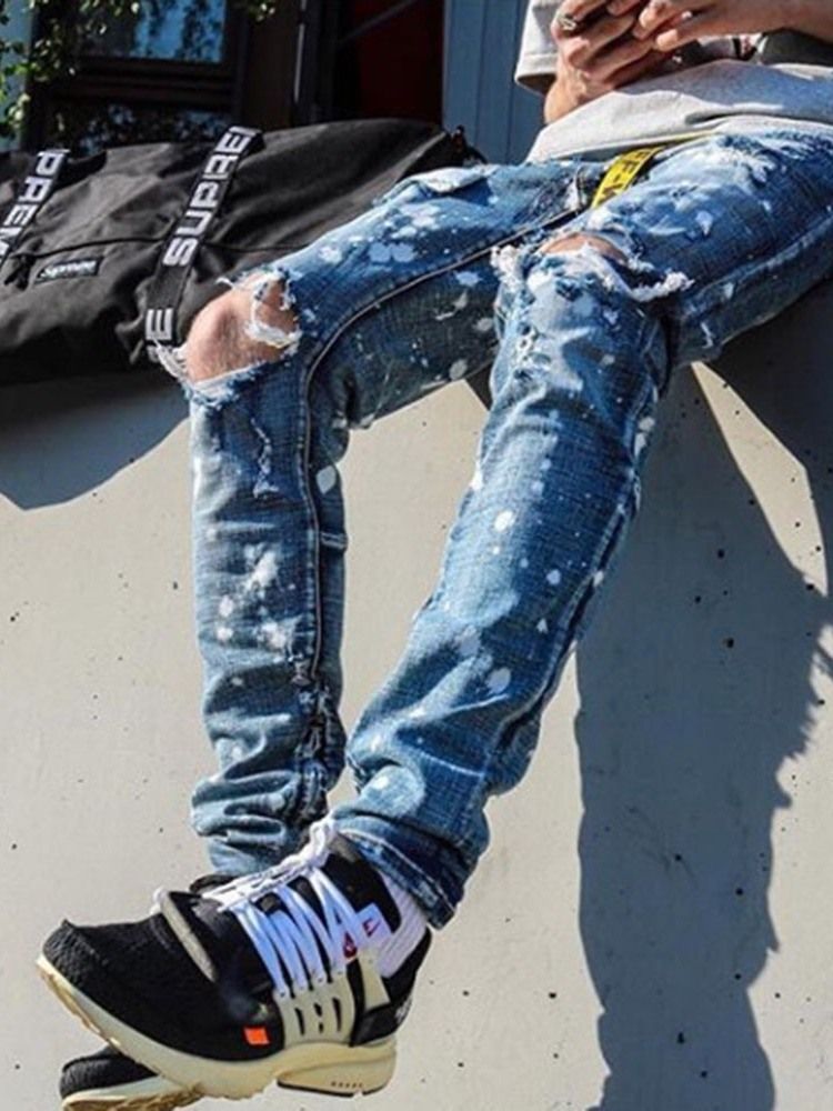 Pencil Byxor Hål Mid Waist Jeans För Män