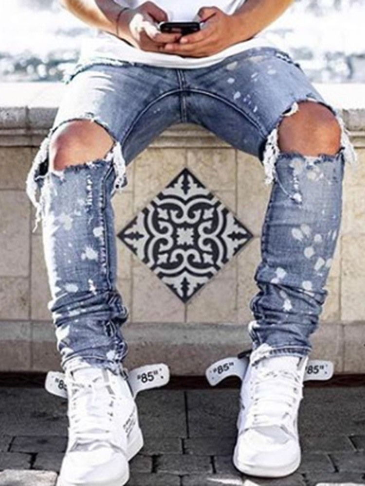 Pencil Byxor Hål Mid Waist Jeans För Män