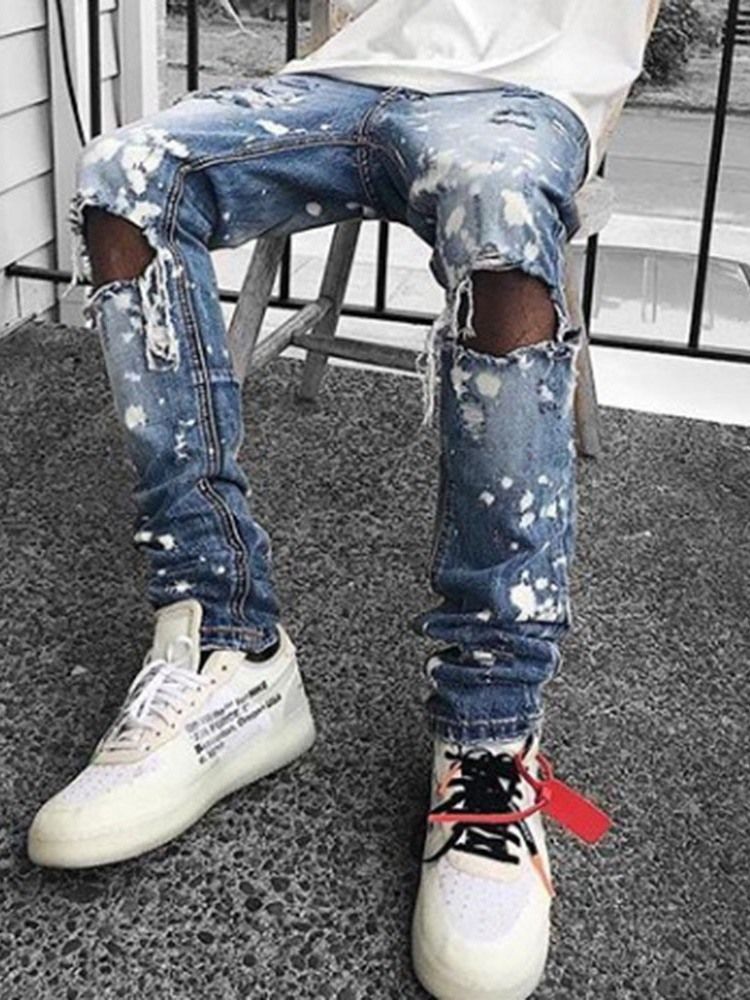 Pencil Byxor Hål Mid Waist Jeans För Män