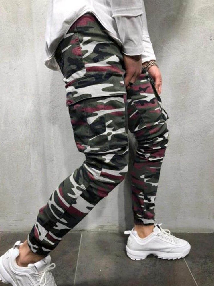Pencil Byxor Kamouflage Pocket Dragkedja Herr Casual Jeans