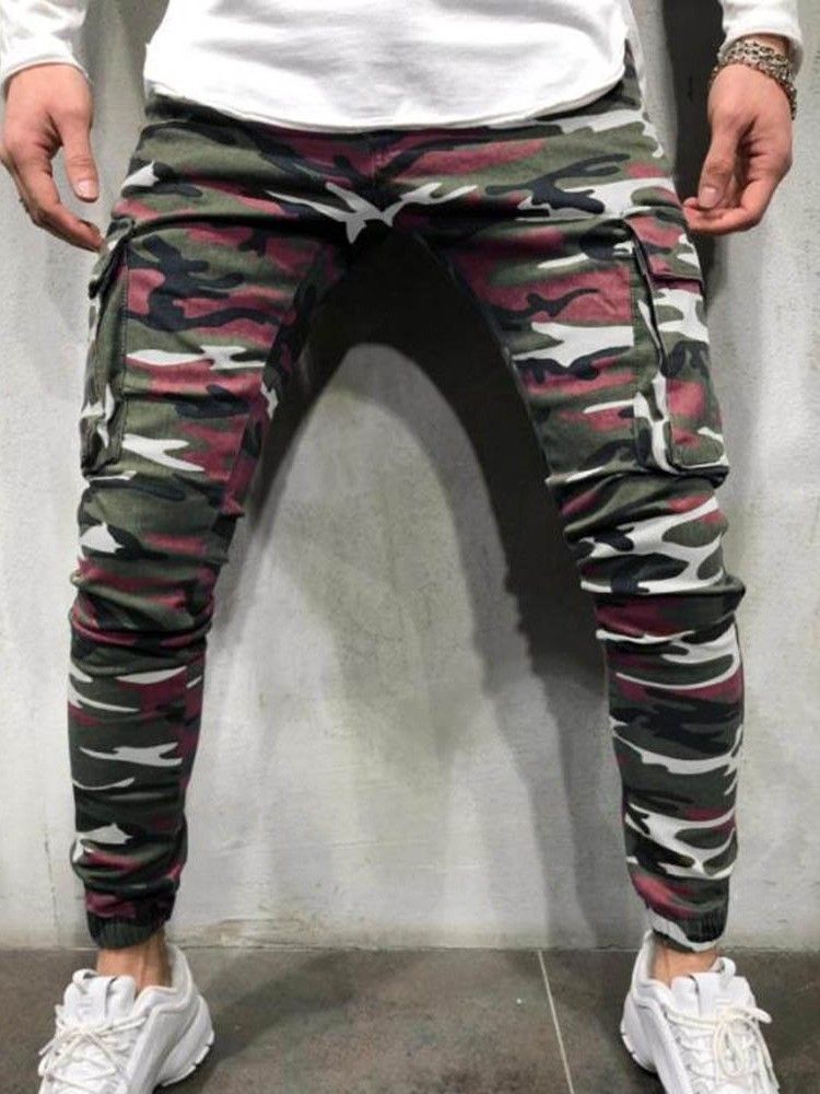 Pencil Byxor Kamouflage Pocket Dragkedja Herr Casual Jeans