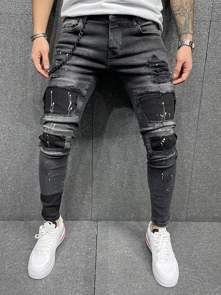 Pencil Byxor Paint Splatters Mid Waist European Jeans
