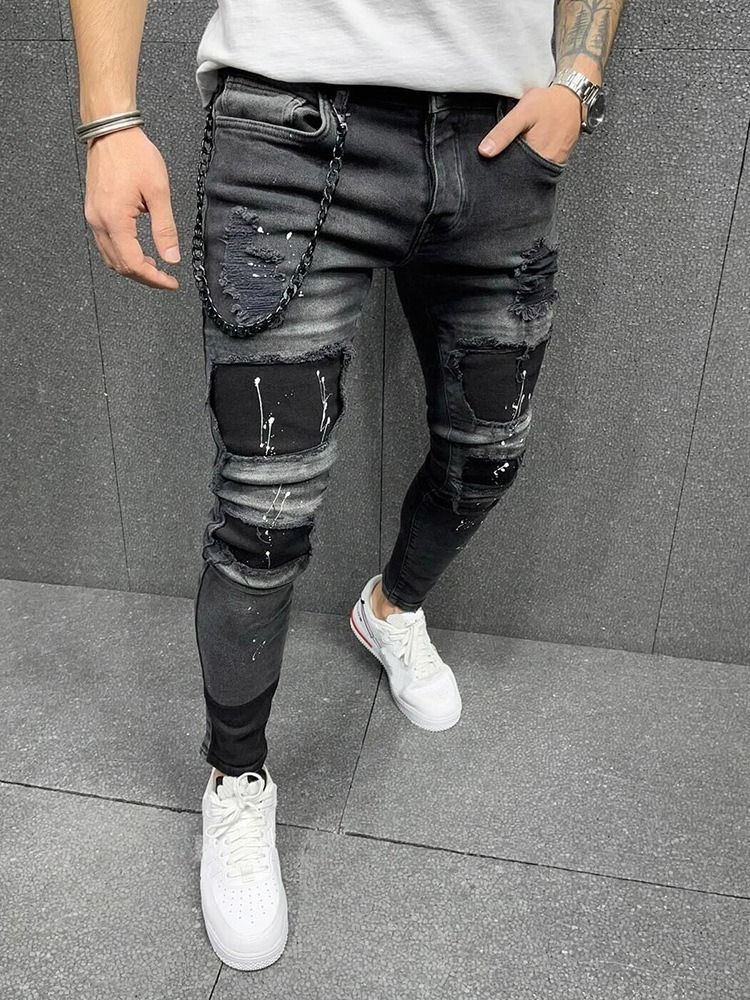 Pencil Byxor Paint Splatters Mid Waist European Jeans