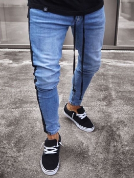 Pencil Byxor Patchwork Color Block Dragkedja Mid Waist Jeans För Män