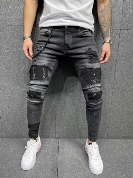 Pencil Byxor Patchwork Color Block Mid Midja Dragkedja Herr Jeans