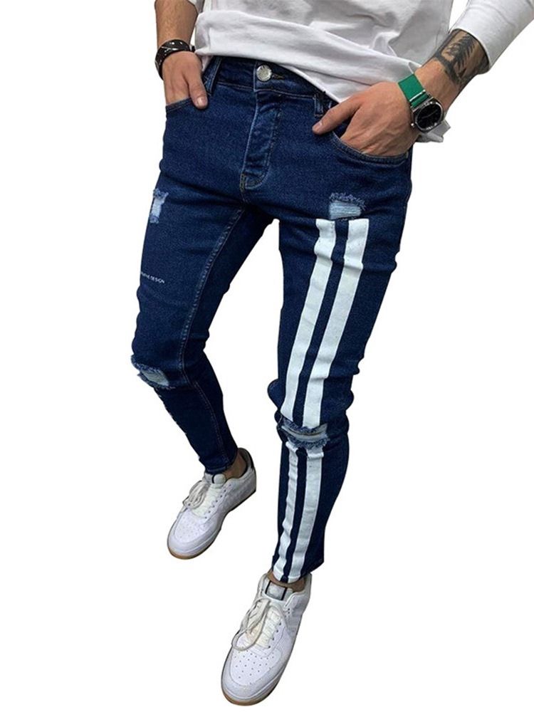 Pencil Pants Color Block Patchwork Mid Waist Europeiska Herrjeans