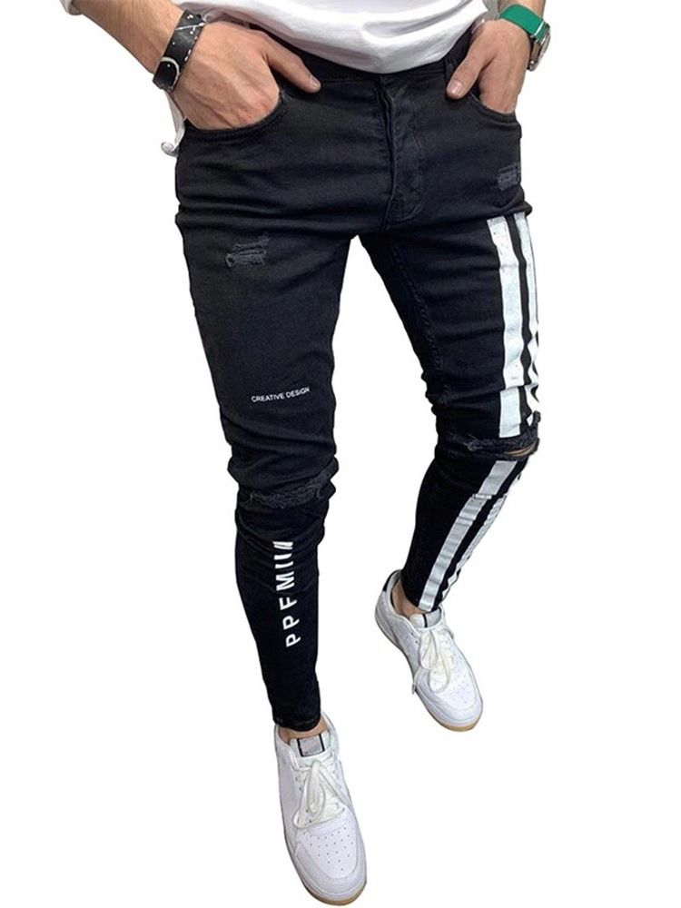Pencil Pants Color Block Patchwork Mid Waist Europeiska Herrjeans