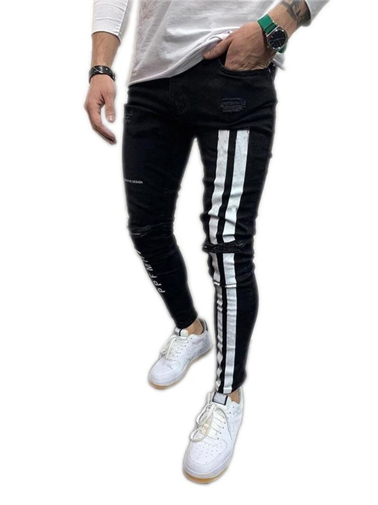 Pencil Pants Color Block Patchwork Mid Waist Europeiska Herrjeans