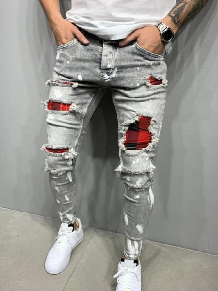 Pencil Pants Color Block Tofs Mid Waist European Jeans
